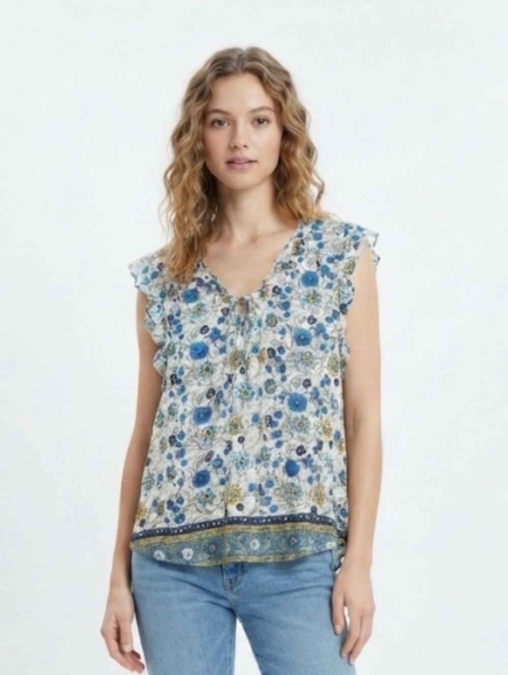 Lucky Brand Blue Floral Ruffle Cap-Sleeve V-Neck Tank Size XL